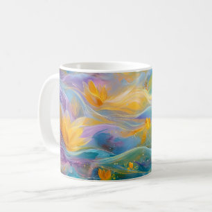 Caneca De Café Lótus Dourado Abstrato Flores Flutuantes
