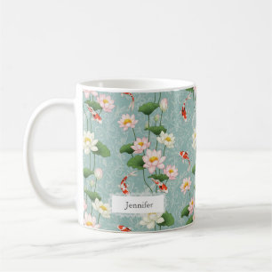 Caneca De Café Lótus e Peixe Koi Belo Arte Zen Personalizado