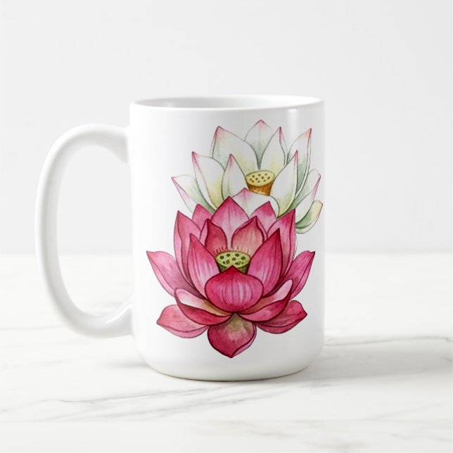 Caneca De Café Lótus Flor de Rosa e Branco Aquarela (Esquerda)