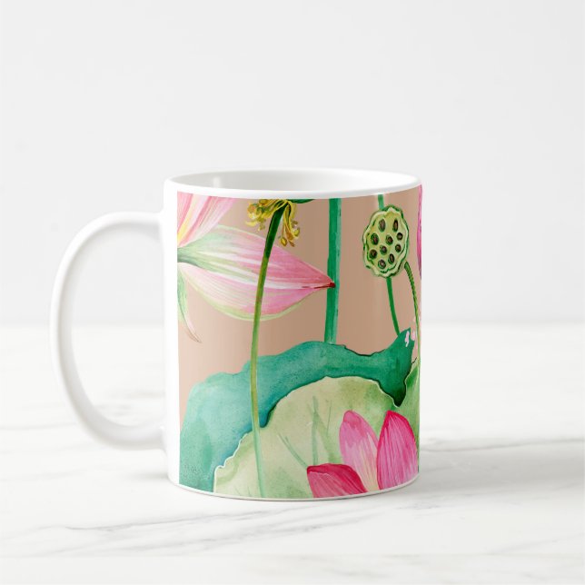 Caneca De Café lotus flowers seamless pattern. watercolor botanic (Esquerda)