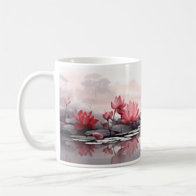 Caneca De Café Lótus Fresco Na Superfície Da Água (Esquerda)