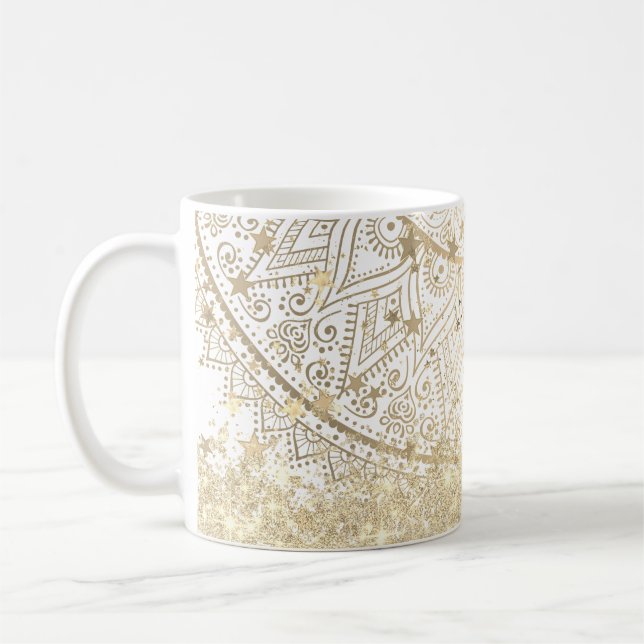 Caneca De Café Lotus Mandala com estrelas Douradas brilhando em b (Esquerda)