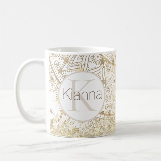 Caneca De Café Lotus Mandala Dourada Stars Glitter Personalizado (Esquerda)