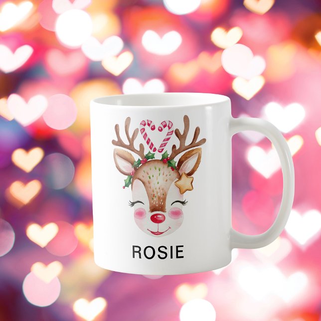 Caneca De Café Love Heart Candy Cane Reindeer Custom Name (Love Heart Candy Cane Reindeer Custom Name Coffee Mug
)