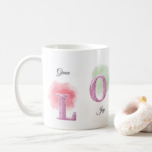 Caneca De Café LOVE Initial Custom Name Watercolor Design (Com Donut)