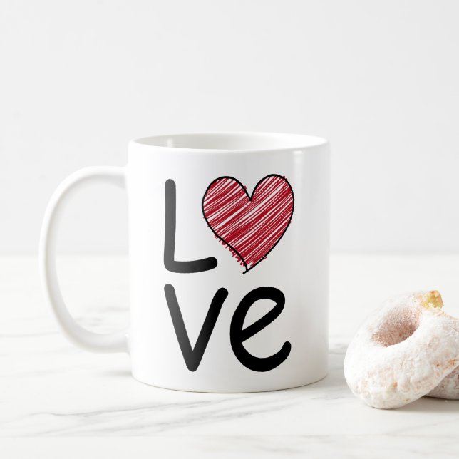Caneca De Café Love Scribbled Hand Drawn Red Heart Minimalist (Com Donut)