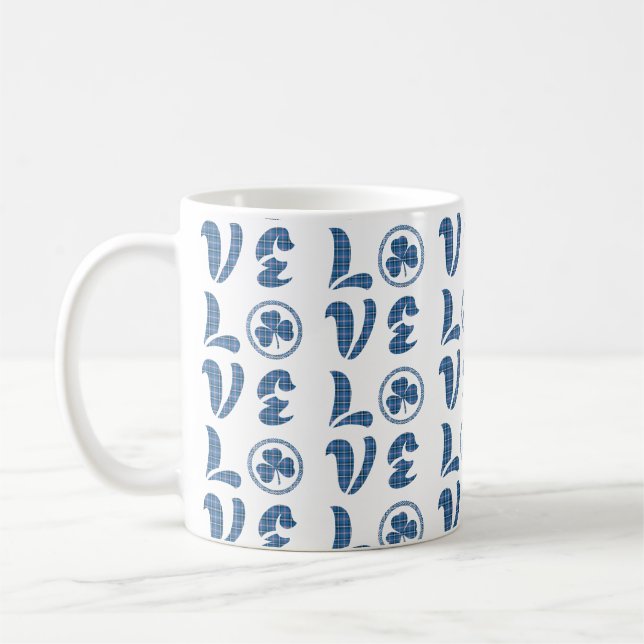 Caneca De Café Love Shamrock Plaid Blue Black Classic Pattern (Esquerda)