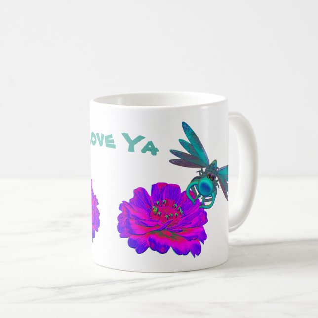 Caneca De Café Love Ya Cute Dragonfly Zinnia Flower (Frente Esquerda)