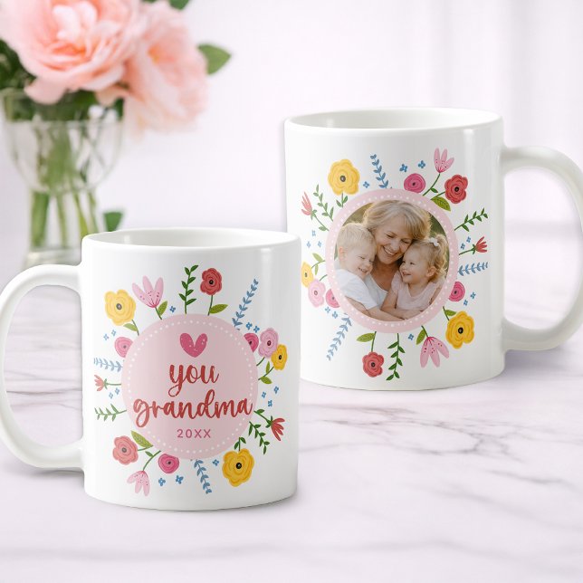 Caneca De Café Love You Grandma Photo Floral Mug Gift (Perfect Grandma Gift )