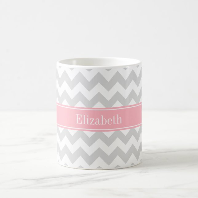 Caneca De Café Lt Cinza Branca Chevron Zigzag Nome Rosa Monograma (Centro)