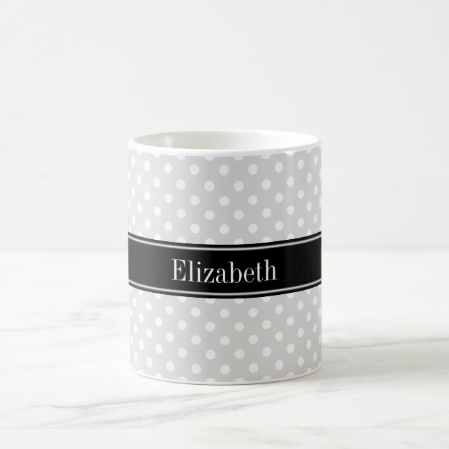 Caneca De Café Lt Gray White Polka Pontos Black Name Monograma (Centro)