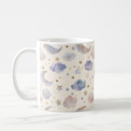 Caneca De Café Lua Celestial Estrelas Nuvens Aquarela Pastel