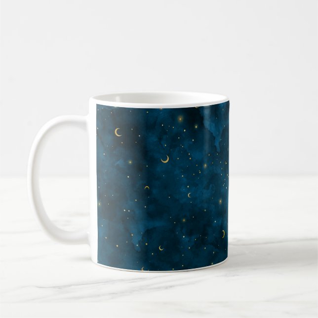 Caneca De Café Lua Crescente Noturna Estelar Azul Celeste e Doura (Esquerda)