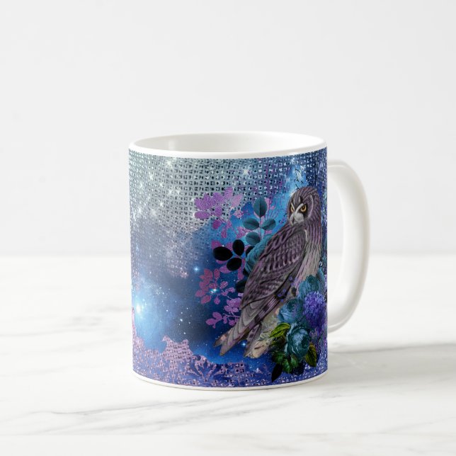 Caneca De Café Lua de Coruja Roxa Boho Azul (Frente Esquerda)