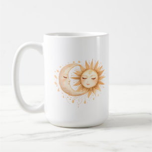 Caneca De Café Lua Mística e Sol Estilo Boho Celestial
