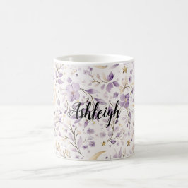 Caneca De Café Luares e Estrelas Florais Roxos Brancos