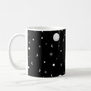 Caneca De Café Luas e Estrelas Negras e Brancas