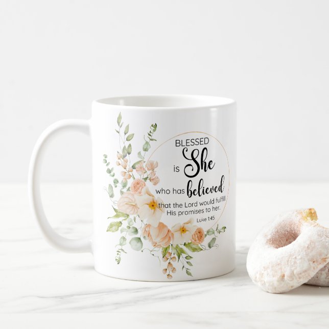 Caneca De Café Luke 1:45 Abençoada é Ela Primavera Laranja Flor (Com Donut)