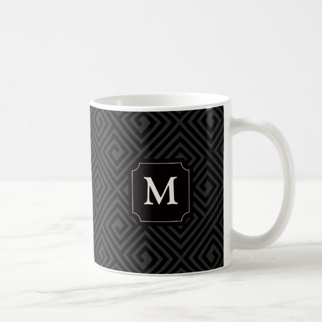 Caneca De Café Luxo Chique Preto Cinza Padrão de Chave Grega Mono (Direita)