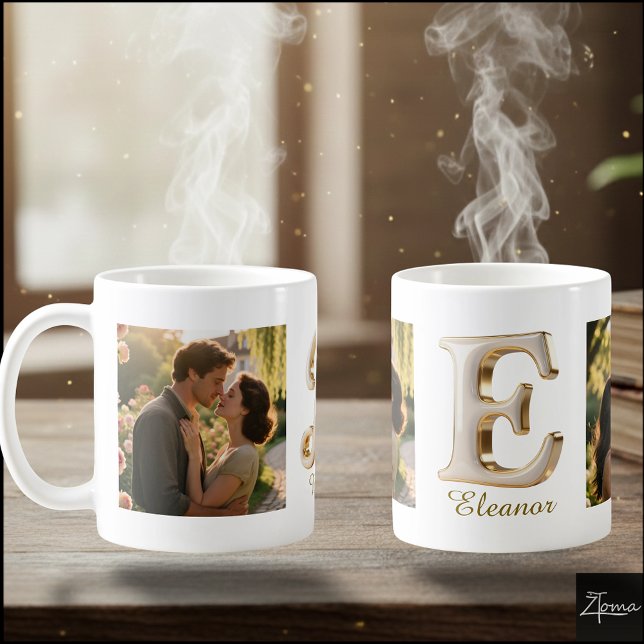 Caneca De Café Luxury Cursive Gold White Initial  E + 2 PHOTO (Criador carregado)