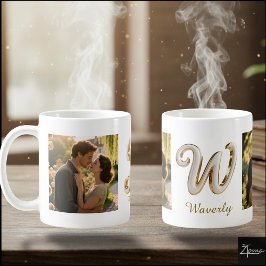 Caneca De Café Luxury Cursive Gold White Initial W + 2 PHOTO