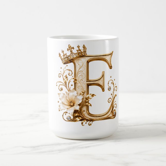 Caneca De Café Luxury Gold Letter E Monogram with Crown & Lily Fl (Centro)