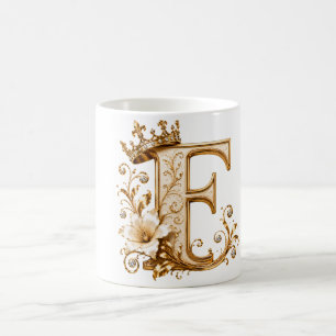 Caneca De Café Luxury Gold Letter F Monogram with Crown & Lily Fl