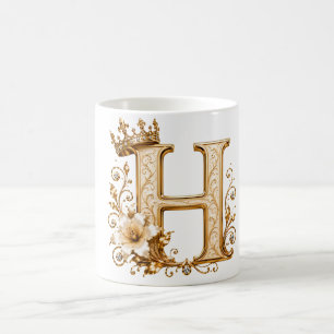 Caneca De Café Luxury Gold Letter H Monogram with Crown & Lily Fl