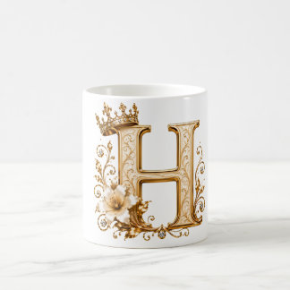 Caneca De Café Luxury Gold Letter H Monogram with Crown & Lily Fl