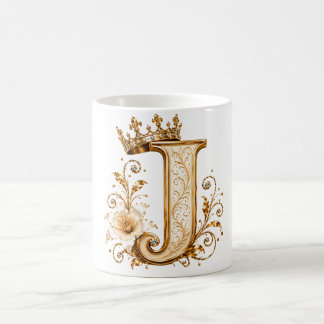 Caneca De Café Luxury Gold Letter J Monogram with Crown & Lily Fl