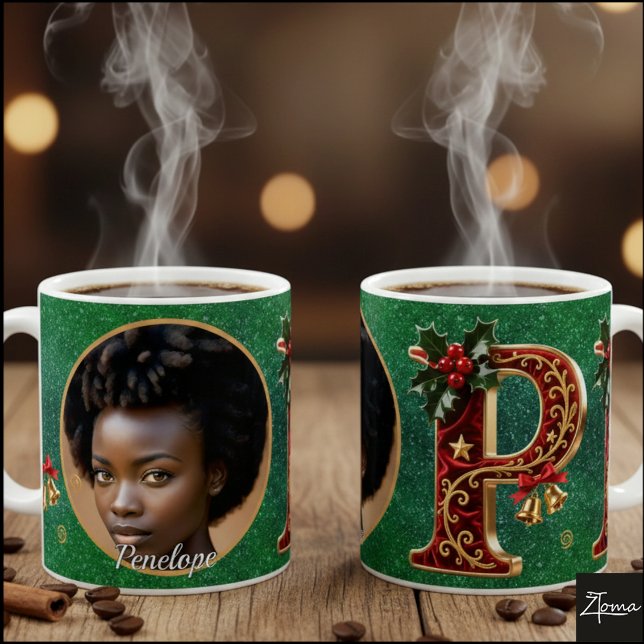 Caneca De Café Luxury Red Velvet Gold Christmas Letter P (Criador carregado)