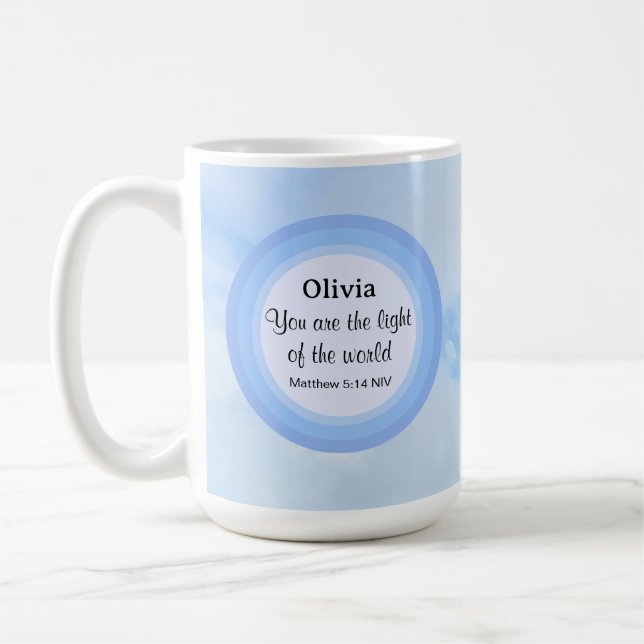 Caneca De Café Luz do Mundo Bíblia Azul Nome Verso (Esquerda)