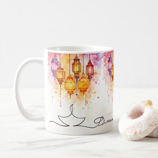 Caneca De Café Luzes de cor da água Feliz Diwali (Com Donut)