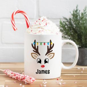 Caneca De Café Luzes de Natal com Rosto de Rena Fofa Nome
