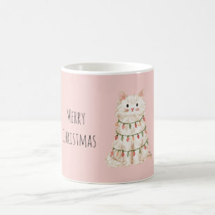 Caneca De Café Luzes de Natal de Árvore de Gato Branco Rosa