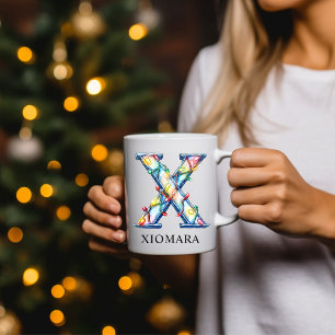 Caneca De Café Luzes de Natal Personalizadas Monograma Inicial X