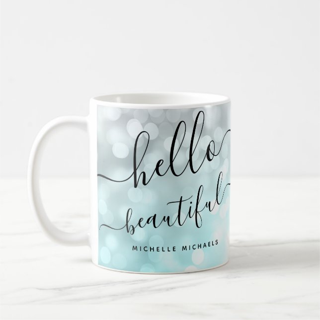 Caneca De Café Luzes de Prata Teal Ombre "Olá, Bonita" (Esquerda)