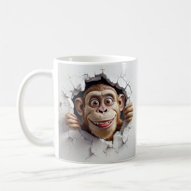 Caneca De Café Macaco Antropomórfico A Quebrar Na Parede Branca (Esquerda)