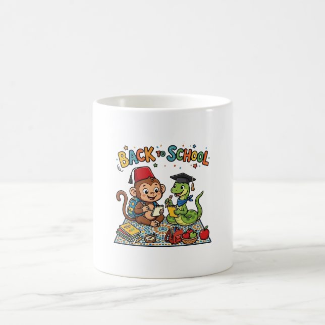 Caneca De Café Macaco Fofo e Cobra Voltando à Escola Cartoon (Centro)