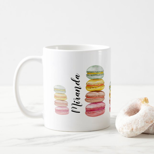 Caneca De Café Macarons Franceses Aquarela Pintado à Mão (Com Donut)
