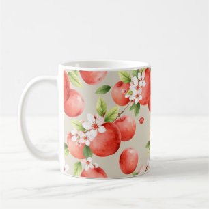 Caneca De Café Máçãs em Aquarela e Padrão Sem Costura de Flores d