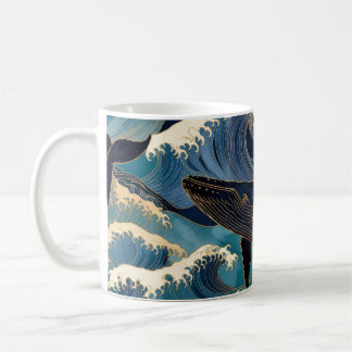 Caneca De Café Madagascar Ocean Whale - Blue & Gold Waves |