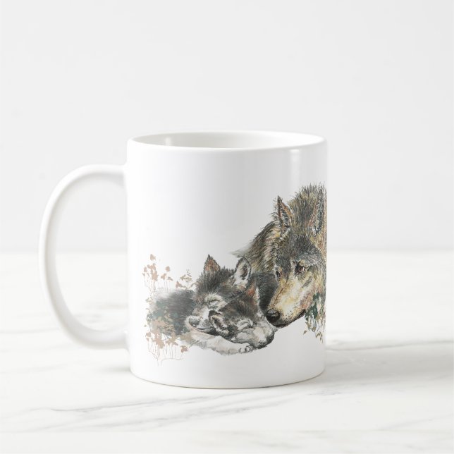 Caneca De Café Madre-aquarela Wolf & Cubs Animal Art (Esquerda)