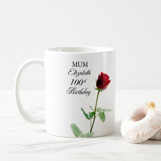 Caneca De Café Mãe 100ª Rosa vermelha de aniversário Personalizad (Com Donut)