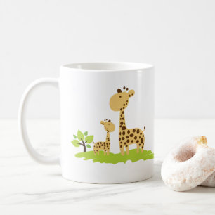 Caneca De Café Mãe Adorável e Girafa Bebê Verde e Amarelo