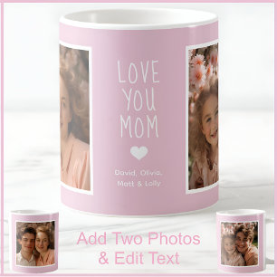 Caneca De Café Mãe Ama Você 2 Fotos Moderno Rosa C52 & Branco