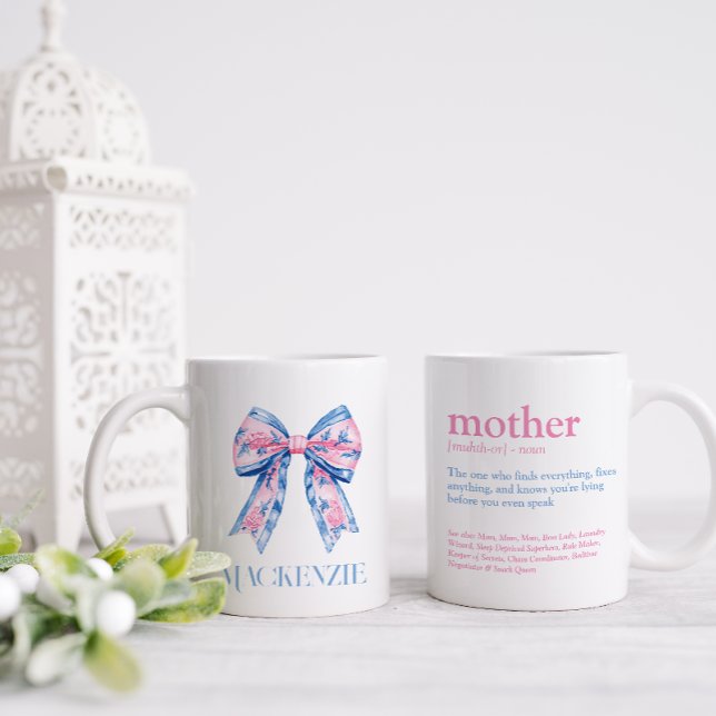 Caneca De Café Mãe bonito de Arco rosa e azul da Chinoiserie (Pretty double sided mug with mother definition on one side and bow and moms name on the other)