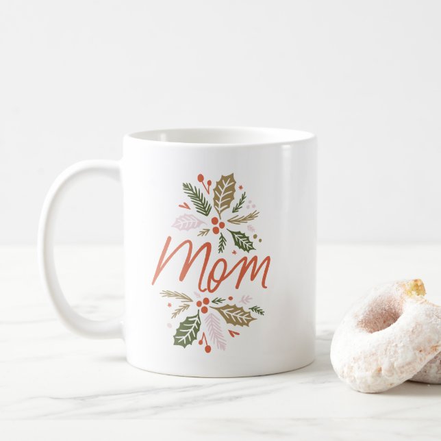 Caneca De Café Mãe Bright Holly, Script Vermelho de Natal (Com Donut)