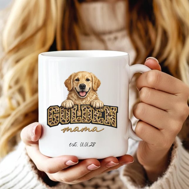 Caneca De Café Mãe de Cachorro | Mãe de Retriever Dourado Leopard (Golden Retriever Mama Custom Date Mug | Mother’s  Day Dog Mom Leopard Print Custom Coffee Mug )