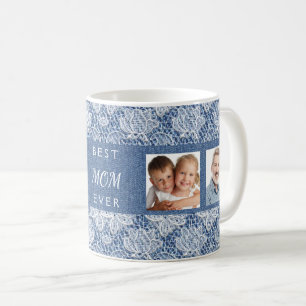 Caneca De Café Mãe de foto de renda azul denim
